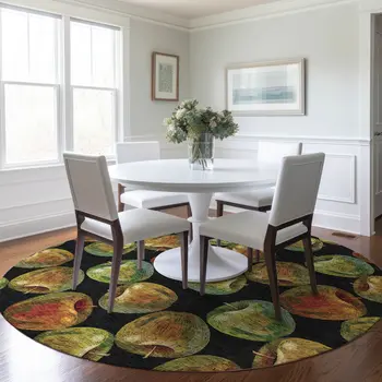 8' Midnight Green And Red Geometric Washable Round Rug With UV Protection