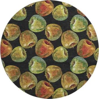 8' Midnight Green And Red Geometric Washable Round Rug With UV Protection