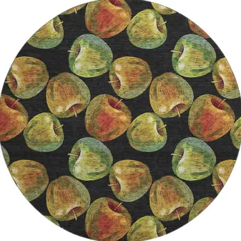 8' Midnight Green And Red Geometric Washable Round Rug With UV Protection