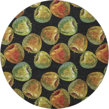 8' Midnight Green And Red Geometric Washable Round Rug With UV Protection