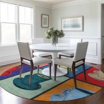 8' Blue Orange And Red Geometric Washable Round Rug With UV Protection