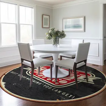 8' Midnight Red And Ivory Geometric Washable Round Rug With UV Protection