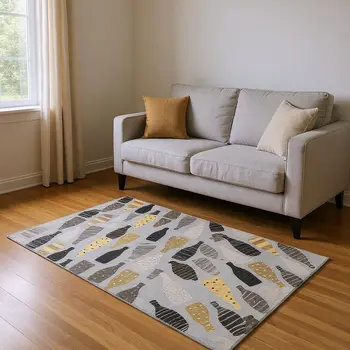 5' X 8' Gray Gold And Black Geometric Washable Area Rug With UV Protection