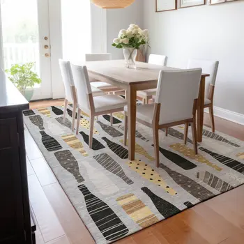 5' X 8' Gray Gold And Black Geometric Washable Area Rug With UV Protection