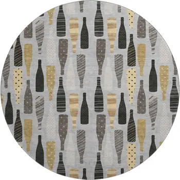 8' Gray Gold And Black Geometric Washable Round Rug With UV Protection