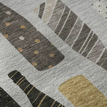 8' Gray Gold And Black Geometric Washable Round Rug With UV Protection
