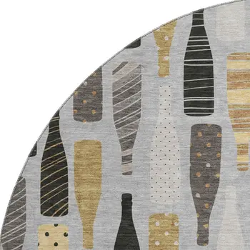 8' Gray Gold And Black Geometric Washable Round Rug With UV Protection