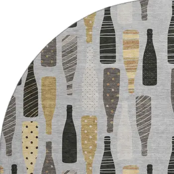8' Gray Gold And Black Geometric Washable Round Rug With UV Protection