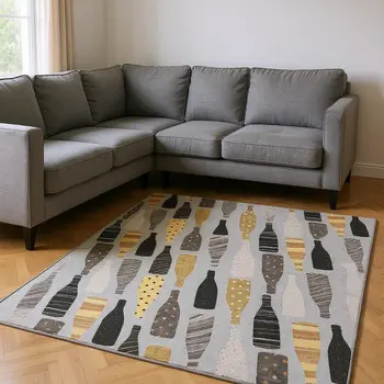 8' X 10' Gray Gold And Black Geometric Washable Area Rug With UV Protection