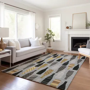 10' X 14' Gray Gold And Black Geometric Washable Area Rug With UV Protection