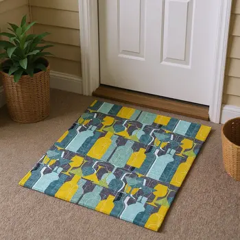 3' X 5' Blue Yellow And Green Geometric Washable Area Rug With UV Protection