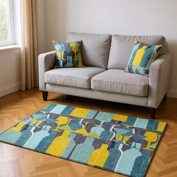 5' X 8' Blue Yellow And Green Geometric Washable Area Rug With UV Protection