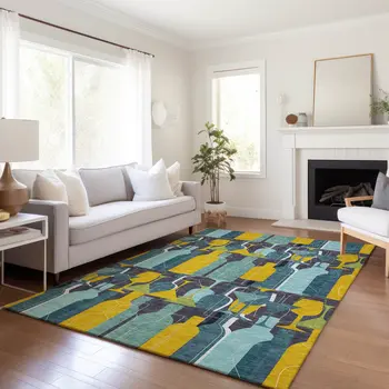 5' X 8' Blue Yellow And Green Geometric Washable Area Rug With UV Protection