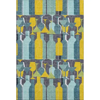 5' X 8' Blue Yellow And Green Geometric Washable Area Rug With UV Protection