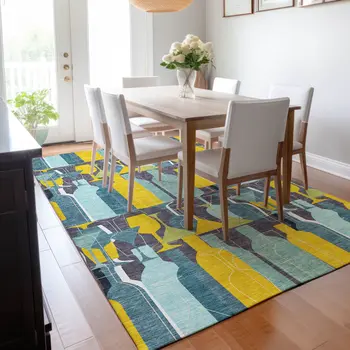 5' X 8' Blue Yellow And Green Geometric Washable Area Rug With UV Protection