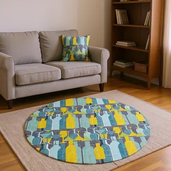 8' Blue Yellow And Green Geometric Washable Round Rug With UV Protection
