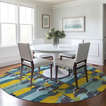 8' Blue Yellow And Green Geometric Washable Round Rug With UV Protection