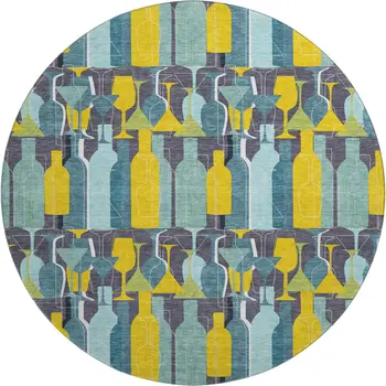 8' Blue Yellow And Green Geometric Washable Round Rug With UV Protection