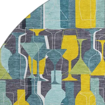 8' Blue Yellow And Green Geometric Washable Round Rug With UV Protection