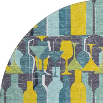8' Blue Yellow And Green Geometric Washable Round Rug With UV Protection