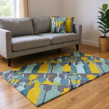 10' X 14' Blue Yellow And Green Geometric Washable Area Rug With UV Protection