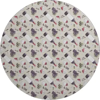 8' Ivory Purple And Green Geometric Washable Round Rug With UV Protection
