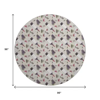 8' Ivory Purple And Green Geometric Washable Round Rug With UV Protection