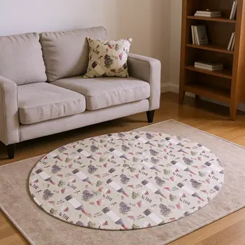 8' Ivory Purple And Green Geometric Washable Round Rug With UV Protection