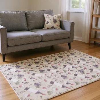 9' X 12' Ivory Purple And Green Geometric Washable Area Rug With UV Protection