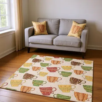 5' X 8' Ivory Orange And Green Geometric Washable Area Rug With UV Protection