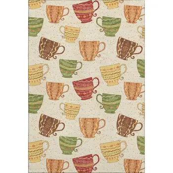 5' X 8' Ivory Orange And Green Geometric Washable Area Rug With UV Protection