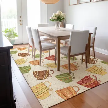 5' X 8' Ivory Orange And Green Geometric Washable Area Rug With UV Protection