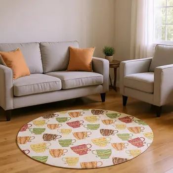 8' Ivory Orange And Green Geometric Washable Round Rug With UV Protection