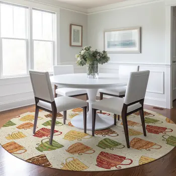 8' Ivory Orange And Green Geometric Washable Round Rug With UV Protection