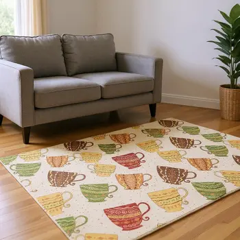 8' X 10' Ivory Orange And Green Geometric Washable Area Rug With UV Protection