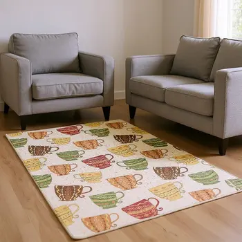 10' X 14' Ivory Orange And Green Geometric Washable Area Rug With UV Protection