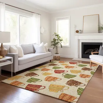 10' X 14' Ivory Orange And Green Geometric Washable Area Rug With UV Protection