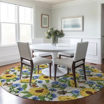 8' Yellow Green And Blue Geometric Washable Round Rug With UV Protection