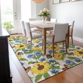 8' X 10' Yellow Green And Blue Geometric Washable Area Rug With UV Protection