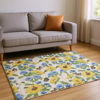 10' X 14' Yellow Green And Blue Geometric Washable Area Rug With UV Protection