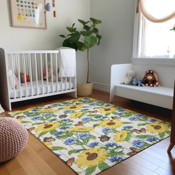 10' X 14' Yellow Green And Blue Geometric Washable Area Rug With UV Protection
