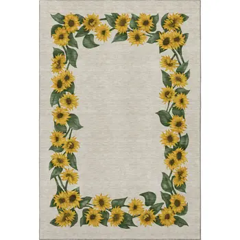 3' X 5' Yellow Green And Ivory Geometric Washable Area Rug With UV Protection