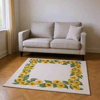 5' X 8' Yellow Green And Ivory Geometric Washable Area Rug With UV Protection
