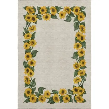 5' X 8' Yellow Green And Ivory Geometric Washable Area Rug With UV Protection