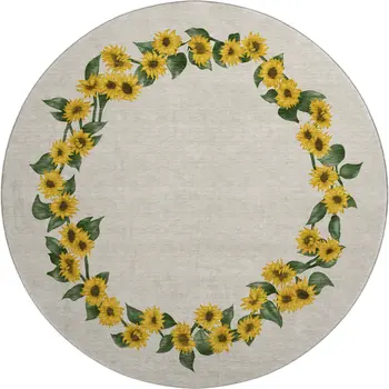 8' Yellow Green And Ivory Geometric Washable Round Rug With UV Protection