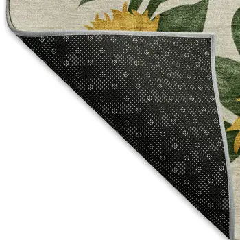 8' Yellow Green And Ivory Geometric Washable Round Rug With UV Protection