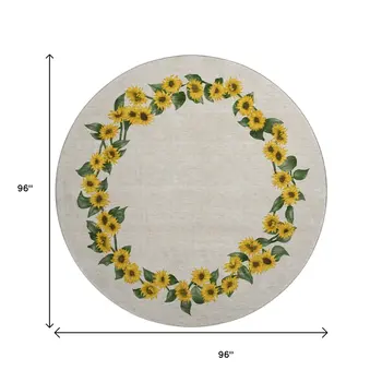 8' Yellow Green And Ivory Geometric Washable Round Rug With UV Protection