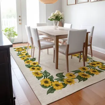 8' X 10' Yellow Green And Ivory Geometric Washable Area Rug With UV Protection