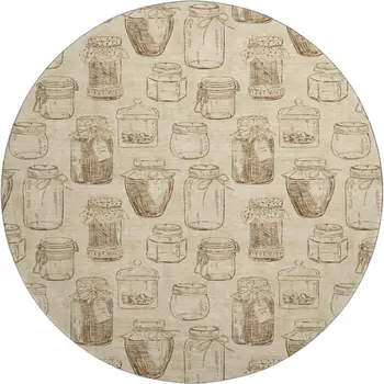 8' Beige And Brown Geometric Washable Round Rug With UV Protection
