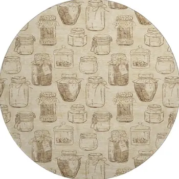 8' Beige And Brown Geometric Washable Round Rug With UV Protection